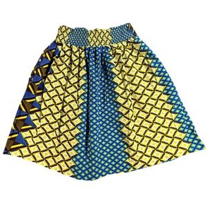 Jackpot Skirt Womens S Blue‎ Yellow Geometric Smocked Waist A-Line Pockets Print